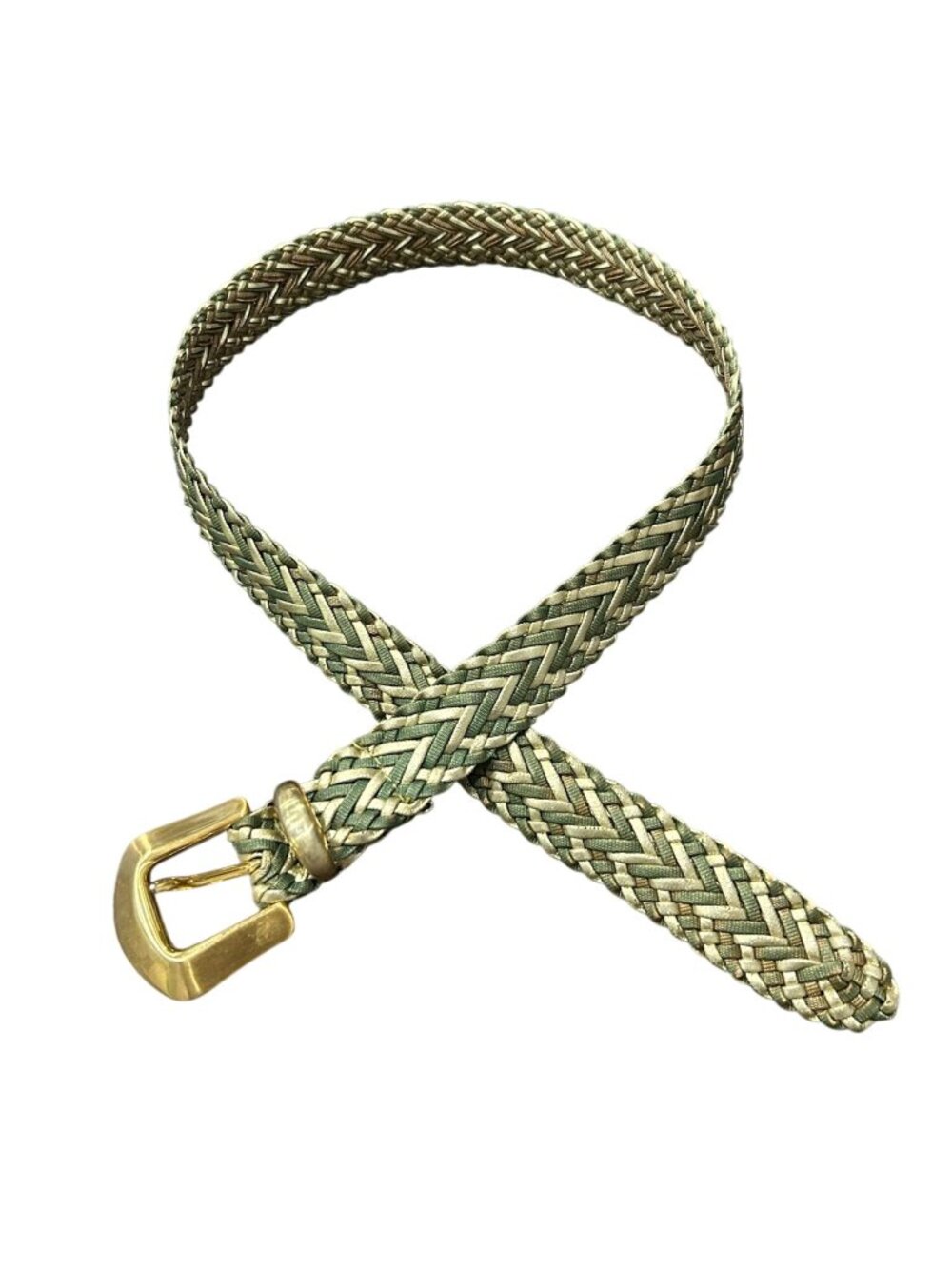 Green Gold Braided S/M Belt Brass Buckle Chevron-Pattern Vintage Retro